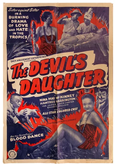 Vintage movie poster for "The Devil's Daughter," featuring bold colors and tropical themes.