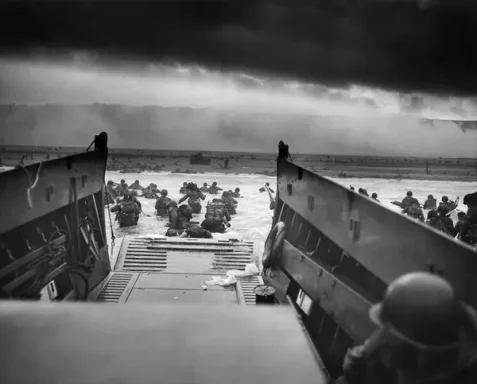 Soldiers landing on a beach under dark, stormy skies during a military operation.